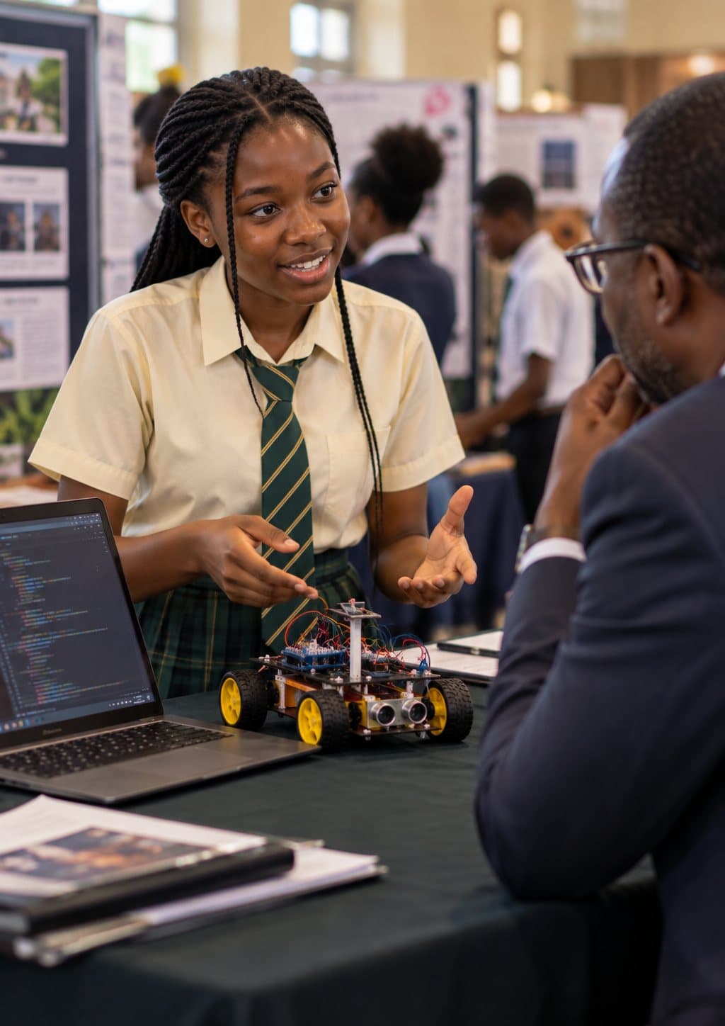 A student presenting a built robotics project at a school science fair.