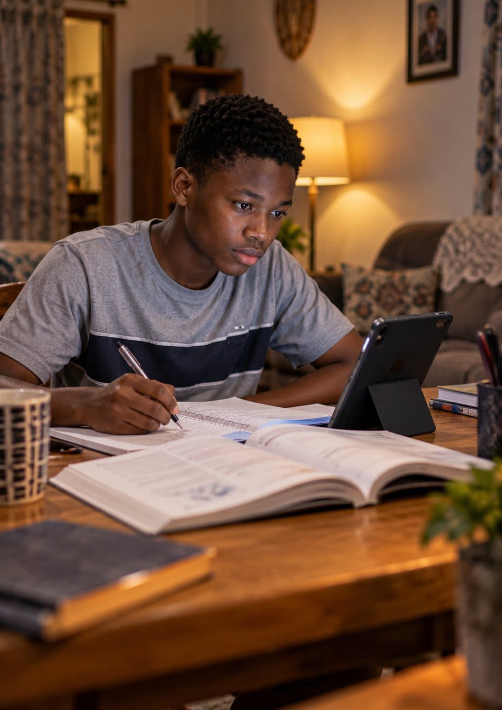 A student studying at home in the evening under warm lamp light.