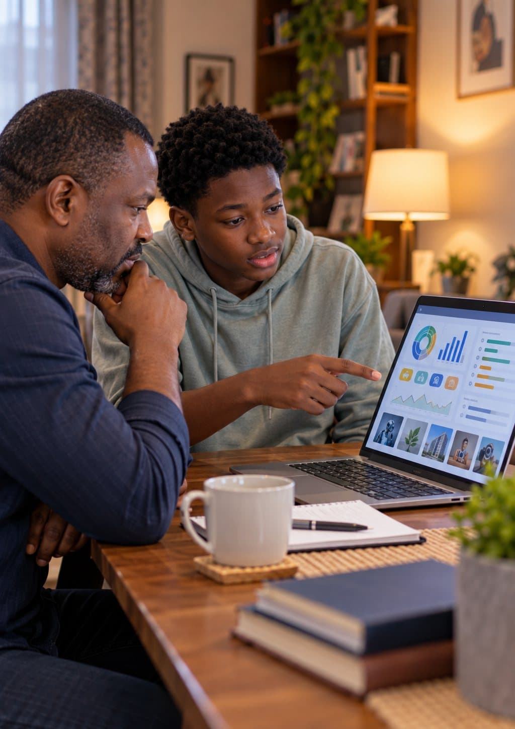 An adult and a student reviewing a data dashboard together.