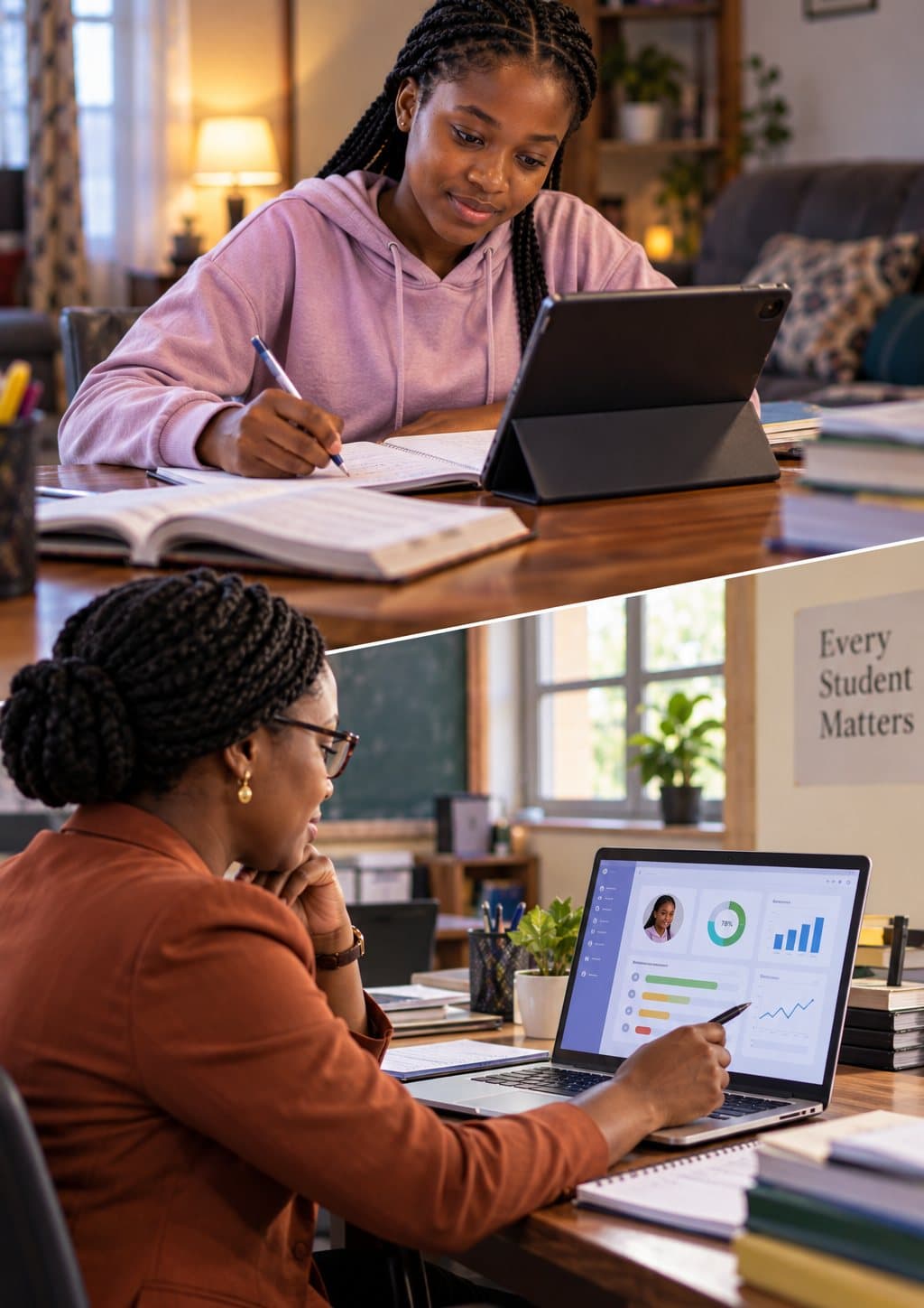 A student studying and a teacher reviewing her progress dashboard, captioned 'Every Student Matters.'