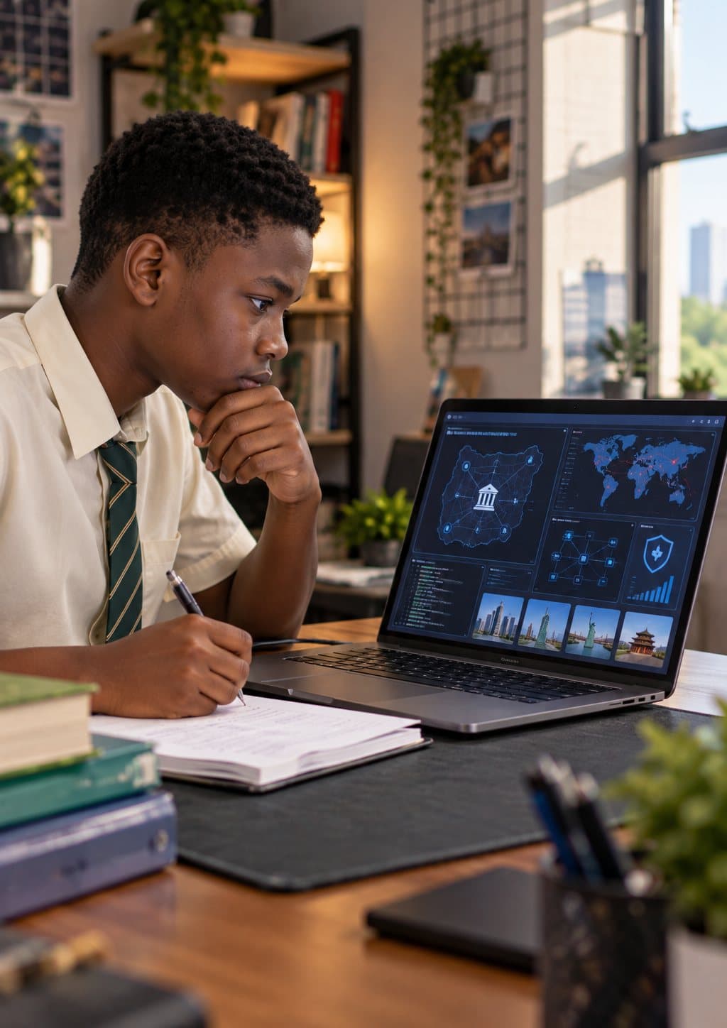 A student studying with a laptop showing a Nigeria map alongside a world map.