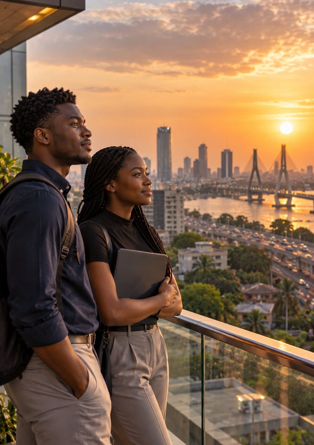 Two young professionals looking out over a city skyline at sunset.