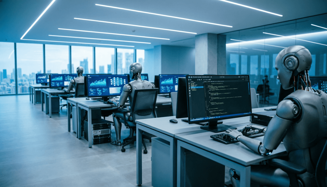 An empty modern office where every desk is occupied by a robot instead of a person.