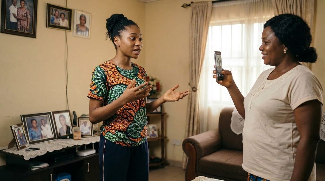 Chisom rehearsing a speech in her living room while her mother films her on a phone.