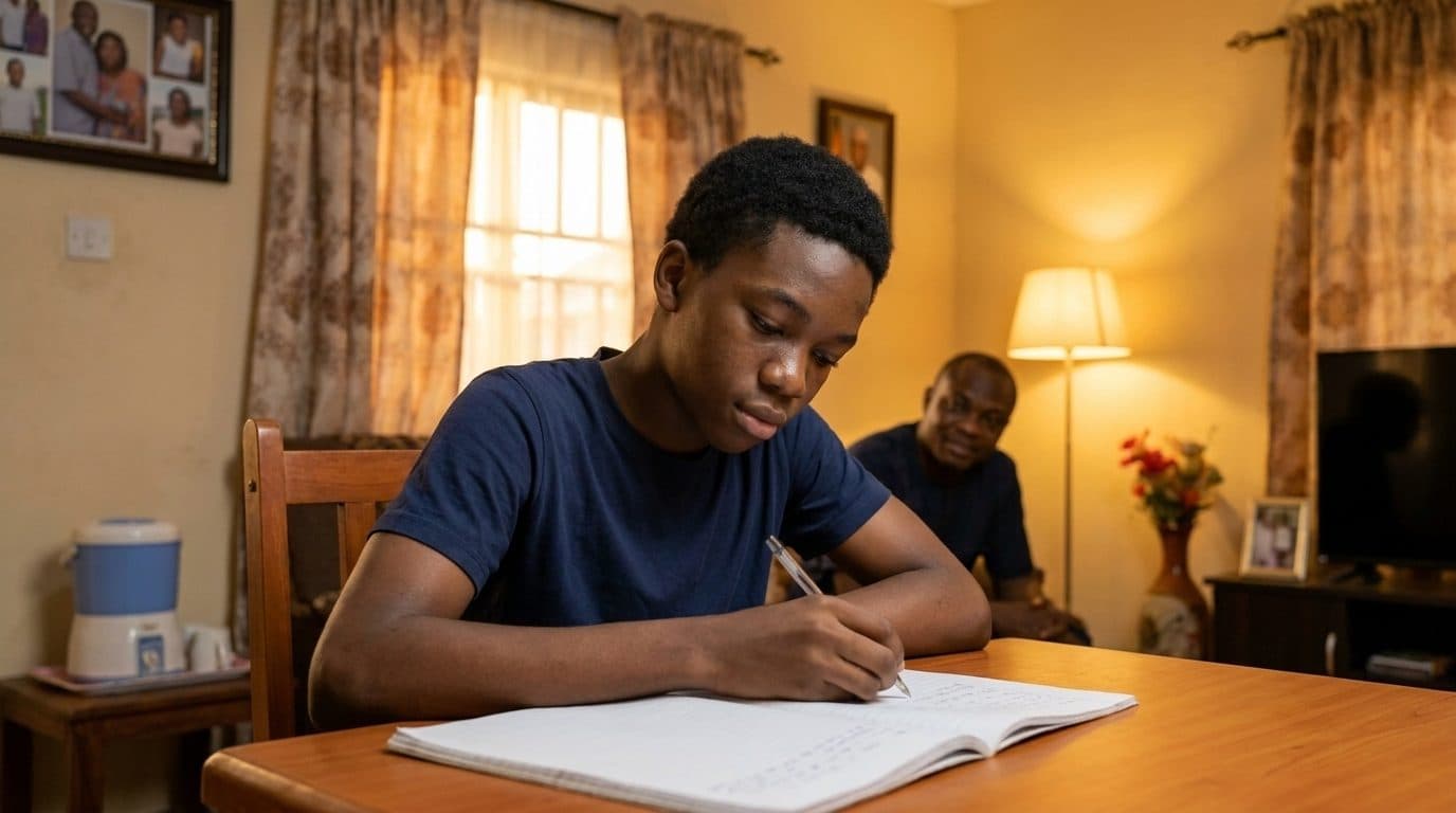 Dami, about 14, writing quietly in a notebook at home while his father watches with quiet pride.